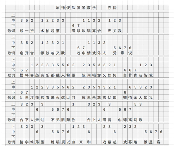 《原神》赤伶琴谱简谱分享